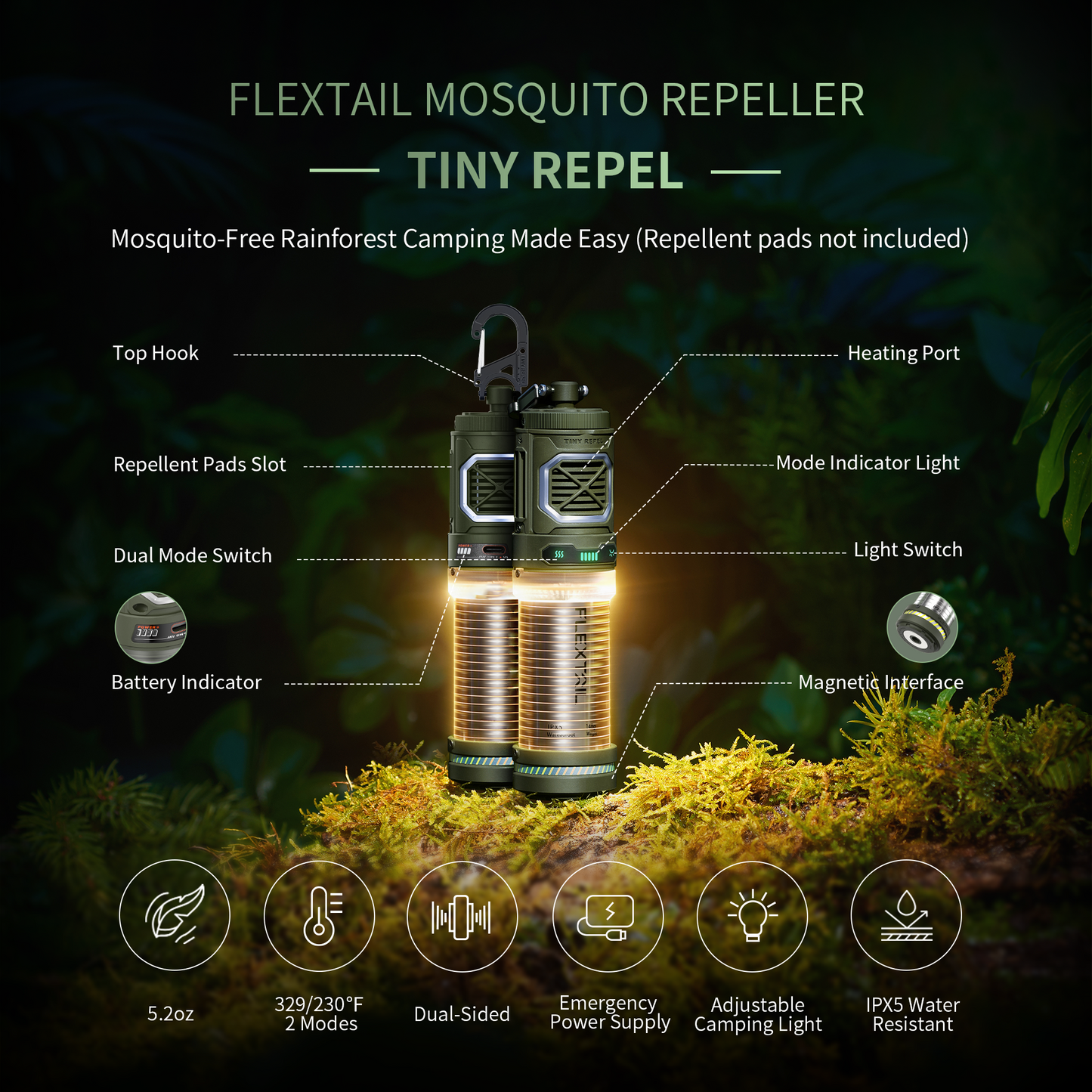 Flextail Tiny Repel 3 in 1 Mosquito Repellent, Light and Power Bank