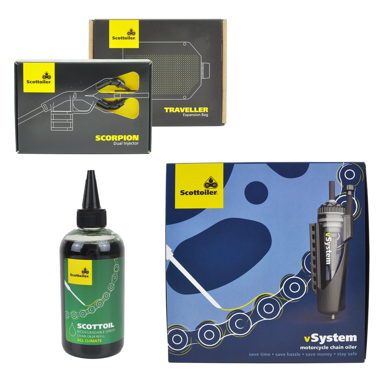 Scottoiler The vSystem automatic motorcycle chain oiler is the original Scottoiler.